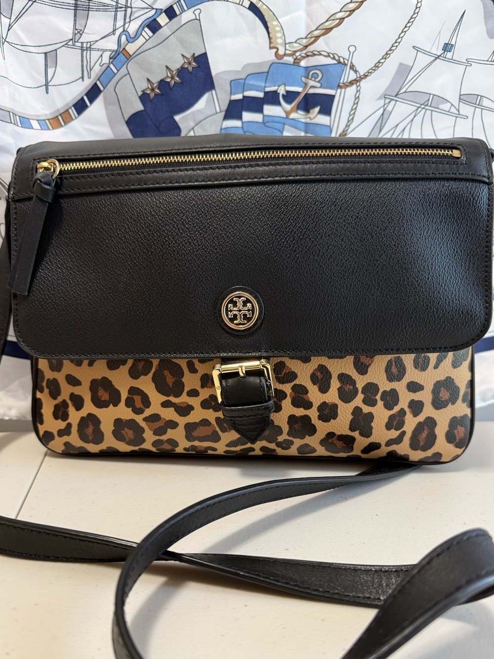 Tory Burch Black Leather Crossbody with Leopard Print Panel
